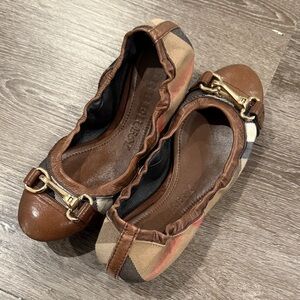 Burberry Tan and Brown Plaid Flats with Gold Accent